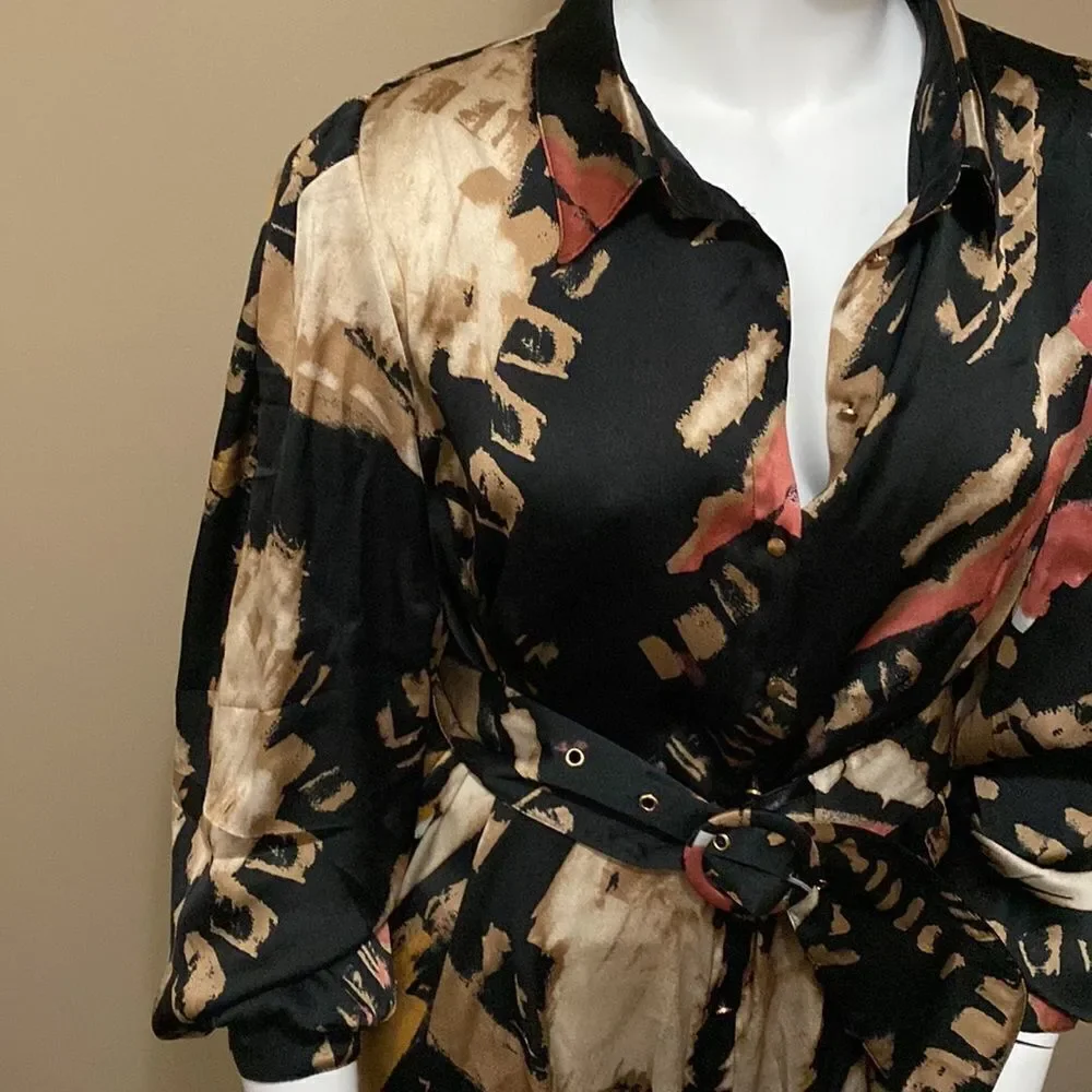 NWT Fashion Nova Avita Satin Shirt Dress - Black/combo - Size 3X